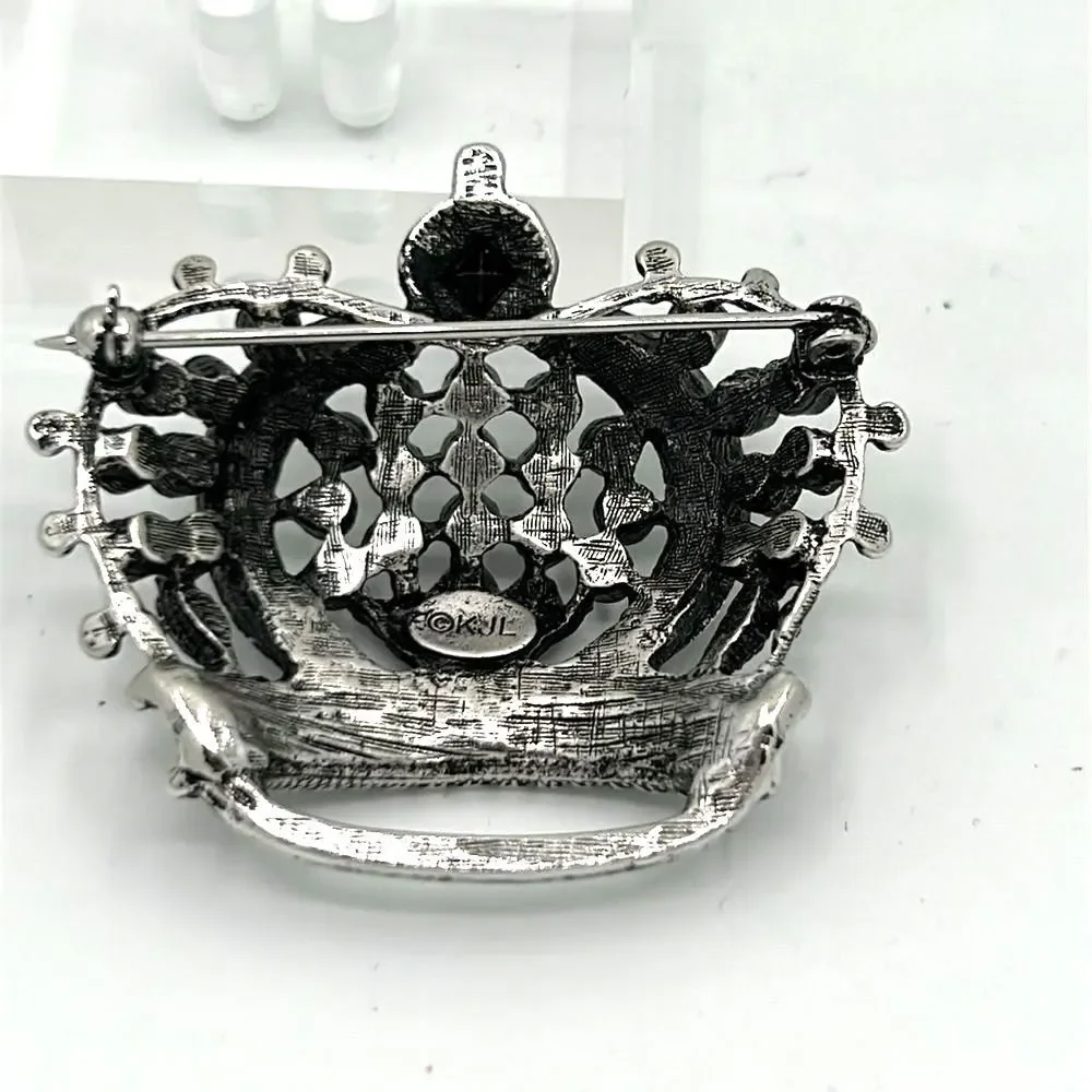 Vintage Signed KJL Silver Crown Brooch Pin